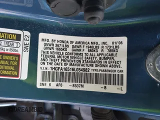 2006 Honda Civic LX with VIN 1HGFA16516L054982, listed as a IAAI auction lot 42135330 with 230,291 mi miles and . Bid and sale history available at DreamBid. Image 9.