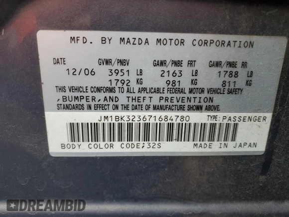 2007 Mazda 3 s Sport with VIN JM1BK323671684780, listed as a Copart auction lot 86375394 with 265,775 mi miles and Salvage Title. Bid and sale history available at carsss.com. Image 12.