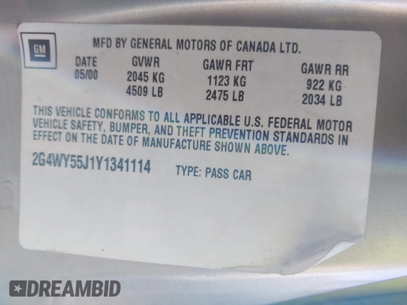 2000 Buick Century Limited with VIN 2G4WY55J1Y1341114, listed as a IAAI auction lot 41600882 with Not Provided miles and . Bid and sale history available at carsss.com. Image 9.