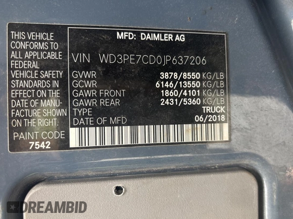 2018 Mercedes-Benz Sprinter Cargo Worker with VIN WD3PE7CD0JP637206, listed as a Copart auction lot 54718435 with 108,285 mi miles and Clean Title. Bid and sale history available at carsss.com. Image 10.