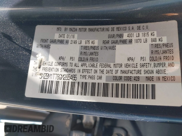 2016 Mazda 3 i Sport with VIN 3MZBM1T78GM285465, listed as a IAAI auction lot 42000874 with 71,272 mi miles and . Bid and sale history available at DreamBid. Image 9.