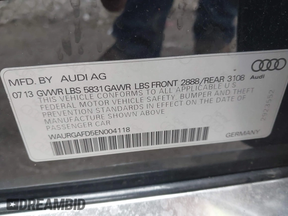 2014 Audi A8 3.0T z VIN WAURGAFD5EN004118, wystawiony jako IAAI lot #41919506 z przebiegiem 182 382 mil mil oraz . Historia ofert i sprzedaży dostępna na DreamBid. Obrazek 9.