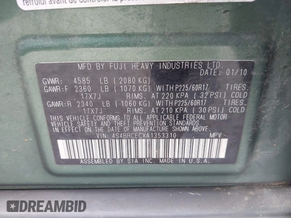 2010 Subaru Outback Premium with VIN 4S4BRCECXA1353310, listed as a IAAI auction lot 41118633 with 145,203 mi miles and . Bid and sale history available at DreamBid. Image 9.