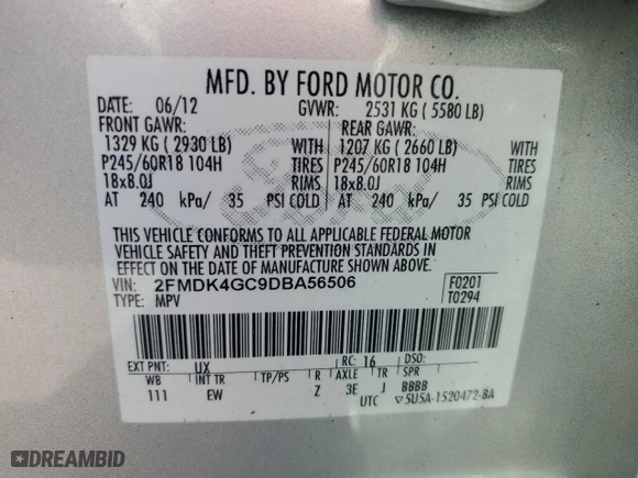 2013 Ford Edge SE with VIN 2FMDK4GC9DBA56506, listed as a Copart auction lot 48229055 with 119,107 mi miles and Salvage Title. Bid and sale history available at carsss.com. Image 14.