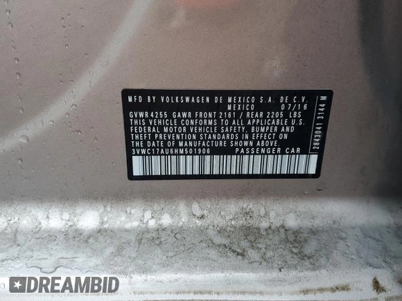2017 Volkswagen Golf S z VIN 3VWC17AU6HM501906, wystawiony jako Copart lot #56769905 z przebiegiem 162 707 mil mil oraz Szkoda całkowita • Salvage title. Historia ofert i sprzedaży dostępna na DreamBid. Obrazek 13.