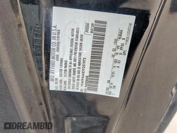 2000 Ford Mustang with VIN 1FAFP444XYF251973, listed as a Copart auction lot 58192815 with 114,531 mi miles and Salvage title. Bid and sale history available at DreamBid. Image 12.