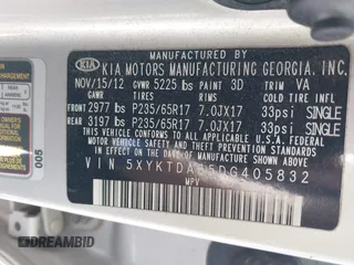 2013 Kia Sorento LX with VIN 5XYKTDA65DG405832, listed as a IAAI auction lot 41811700 with 154,167 mi miles and . Bid and sale history available at DreamBid. Image 9.