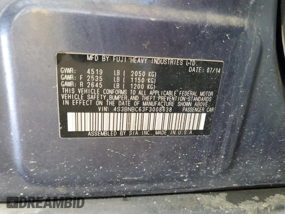 2015 Subaru Legacy Premium with VIN 4S3BNBC63F3008638, listed as a Copart auction lot 60422175 with 171,243 mi miles and Clean title. Bid and sale history available at DreamBid. Image 12.