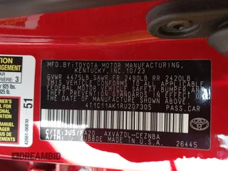 2024 Toyota Camry LE z VIN 4T1C11AK1RU207305, wystawiony jako IAAI lot #41973066 z przebiegiem 19 165 mil mil oraz . Historia ofert i sprzedaży dostępna na DreamBid. Obrazek 9.