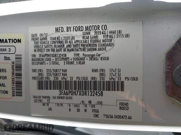2013 Ford Fusion SE with VIN 3FA6P0H7XDR132458, listed as a IAAI auction lot 41982181 with 188,869 mi miles. Bid and sale history available at carsss.com. Image 9.