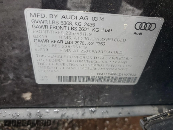 2014 Audi Q5 Premium Plus with VIN WA1LFAFP4EA107523, listed as a Copart auction lot 55739875 with 180,557 mi miles and Clean title. Bid and sale history available at DreamBid. Image 13.