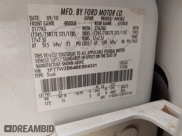 2011 Ford F-250 XL with VIN 1FT7W2B64BEB04331, listed as a IAAI auction lot 41795413 with Not provided miles and . Bid and sale history available at DreamBid. Image 9.