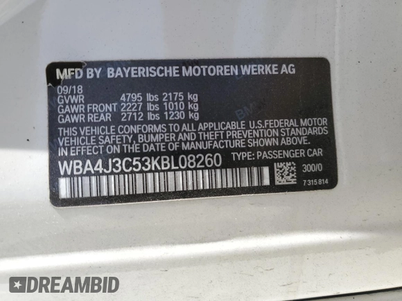 2019 BMW 4 Series 430i xDrive with VIN WBA4J3C53KBL08260, listed as a Copart auction lot 57282725 with 62,640 mi miles and Salvage title. Bid and sale history available at DreamBid. Image 12.