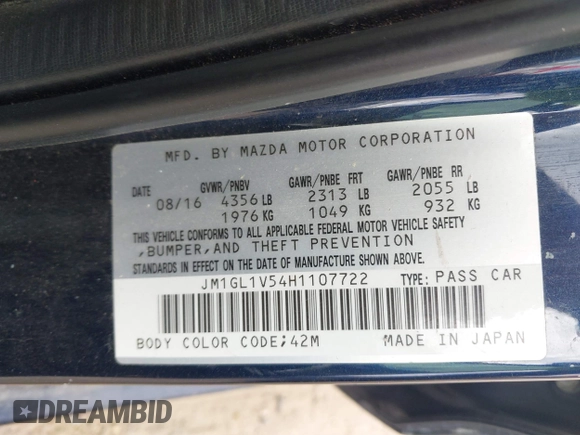 2017 Mazda Mazda6 Touring with VIN JM1GL1V54H1107722, listed as a IAAI auction lot 41521257 with 142,129 mi miles. Bid and sale history available at carsss.com. Image 9.