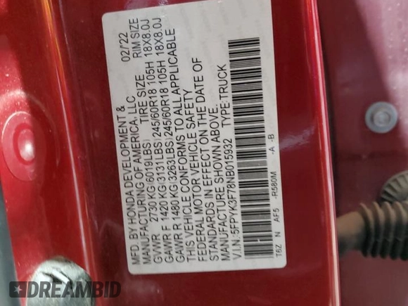 2022 Honda Ridgeline RTL-E with VIN 5FPYK3F78NB015932, listed as a Copart auction lot 53505315 with 40,009 mi miles and Salvage title. Bid and sale history available at DreamBid. Image 14.