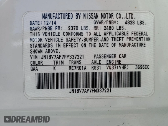 2015 Infiniti Q50 Premium with VIN JN1BV7AP7FM337221, listed as a Copart auction lot 50539345 with 113,075 mi miles and Salvage Title. Bid and sale history available at DreamBid. Image 13.