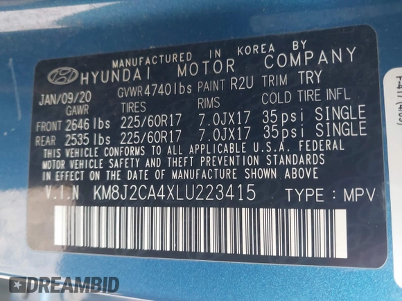 2020 Hyundai Tucson SE z VIN KM8J2CA4XLU223415, wystawiony jako IAAI lot #41287925 z przebiegiem 87 635 mil mil oraz . Historia ofert i sprzedaży dostępna na DreamBid. Obrazek 9.