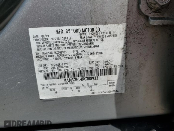 2019 Ford EcoSport SE z VIN MAJ6S3GL4KC308933, wystawiony jako Copart lot #51759925 z przebiegiem 137 584 mil mil oraz Szkoda całkowita • Salvage title. Historia ofert i sprzedaży dostępna na DreamBid. Obrazek 14.