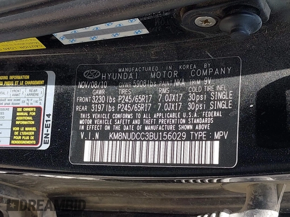 2011 Hyundai Veracruz GLS with VIN KM8NUDCC3BU156029, listed as a IAAI auction lot 42013380 with 198,292 mi miles and . Bid and sale history available at DreamBid. Image 9.