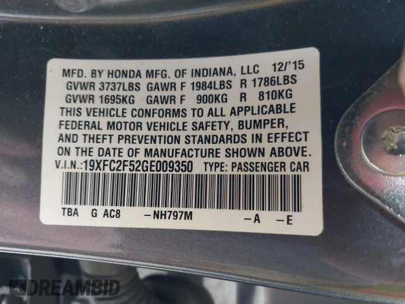 2016 Honda Civic Sedan LX with VIN 19XFC2F52GE009350, listed as a IAAI auction lot 41907696 with 141,306 mi miles. Bid and sale history available at carsss.com. Image 9.