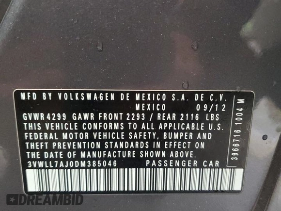 2013 Volkswagen Jetta TDI w/Premium с VIN 3VWLL7AJ0DM385046, выставлен на аукционе Copart как лот 55612265 с пробегом 115 955 миль миль и Списание • Salvage title. История ставок и продаж доступна на DreamBid. Изображение 12.