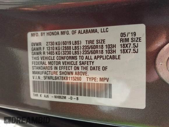 2019 Honda Odyssey EX-L with VIN 5FNRL6H78KB115260, listed as a IAAI auction lot 41962095 with 146,658 mi miles and . Bid and sale history available at DreamBid. Image 9.