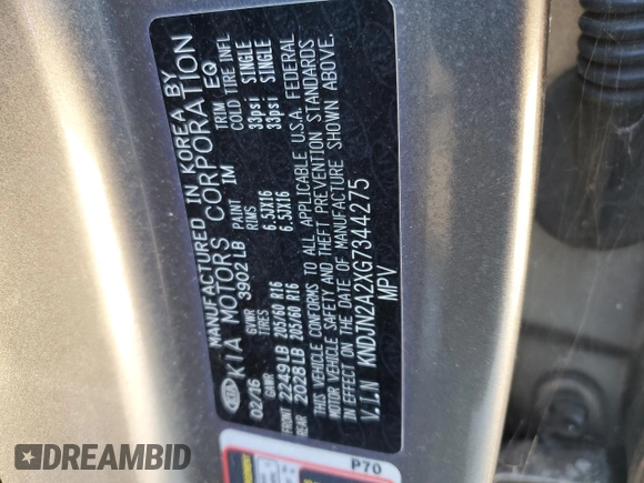 2016 Kia Soul with VIN KNDJN2A2XG7344275, listed as a Copart auction lot 46615685 with 68,888 mi miles and Salvage Title. Bid and sale history available at carsss.com. Image 12.