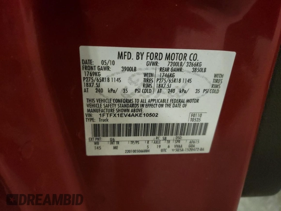 2010 Ford F-150 XL with VIN 1FTFX1EV4AKE10502, listed as a Copart auction lot 48208995 with 162,801 mi miles and Non repairable. Bid and sale history available at DreamBid. Image 14.