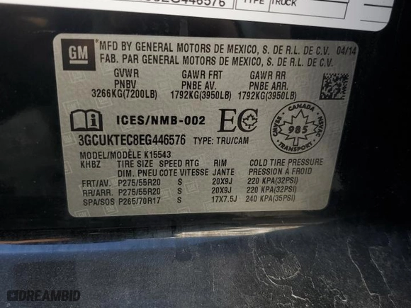 2014 Chevrolet Silverado 1500 High Country with VIN 3GCUKTEC8EG446576, listed as a Copart auction lot 48996295 with 129,317 mi miles and Clean Title. Bid and sale history available at carsss.com. Image 12.