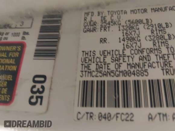 2016 Toyota Tacoma SR with VIN 3TMCZ5AN5GM004885, listed as a IAAI auction lot 41569409 with 143,951 mi miles. Bid and sale history available at carsss.com. Image 9.