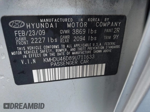 2009 Hyundai Elantra SE z VIN KMHDU46D89U711633, wystawiony jako IAAI lot #42239722 z przebiegiem 156 270 mil mil oraz . Historia ofert i sprzedaży dostępna na DreamBid. Obrazek 9.