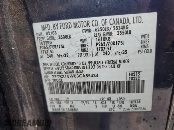 2003 Ford F-150 XL with VIN 2FTRX18W03CA55434, listed as a Copart auction lot 49577955 with 247,268 mi miles and Non Repairable. Bid and sale history available at carsss.com. Image 14.