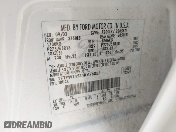 2004 Ford F-150 XLT with VIN 1FTPW14534KA76055, listed as a IAAI auction lot 42622738 with 261,520 mi miles and . Bid and sale history available at DreamBid. Image 9.