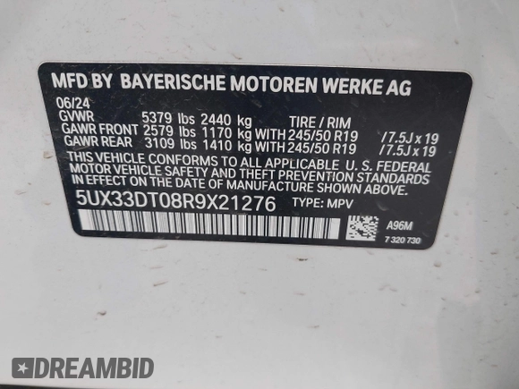 2024 BMW X4 xDrive30i with VIN 5UX33DT08R9X21276, listed as a IAAI auction lot 42177910 with 16,199 mi miles and . Bid and sale history available at DreamBid. Image 9.