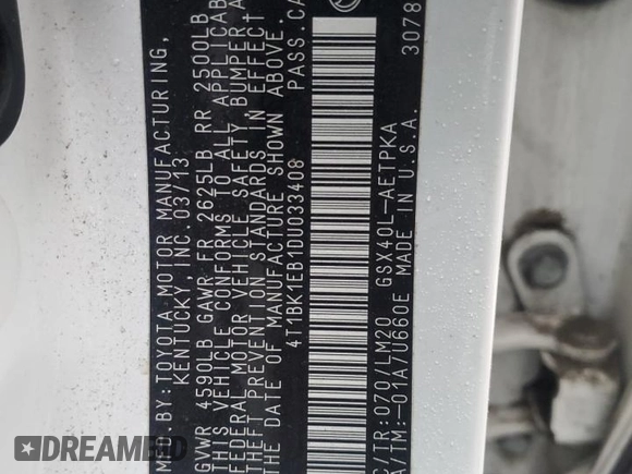 2013 Toyota Avalon XLE with VIN 4T1BK1EB1DU033408, listed as a Copart auction lot 86608364 with Not Provided miles and Salvage Title. Bid and sale history available at DreamBid. Image 14.