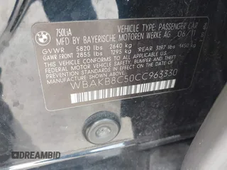 2012 BMW 7 Series 750Li with VIN WBAKB8C50CC963330, listed as a IAAI auction lot 41286275 with 186,335 mi miles. Bid and sale history available at carsss.com. Image 9.