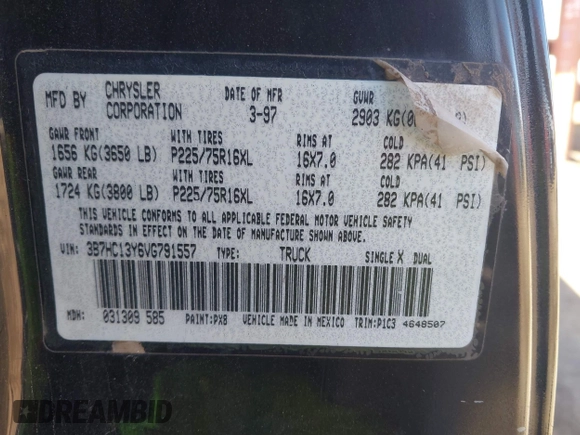 1997 Dodge 1500 with VIN 3B7HC13Y6VG791557, listed as a IAAI auction lot 42069021 with 139,908 mi miles and . Bid and sale history available at DreamBid. Image 9.