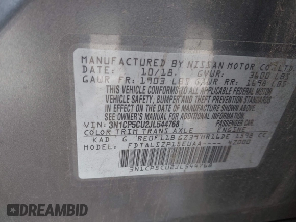 2018 Nissan Kicks SV с VIN 3N1CP5CU2JL544768, выставлен на аукционе IAAI как лот 42134005 с пробегом 90 989 миль миль и . История ставок и продаж доступна на DreamBid. Изображение 9.