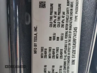 2024 Tesla Model 3 with VIN 5YJ3E1EA5RF741345, listed as a Copart auction lot 51535165 with 7,372 mi miles and Salvage Title. Bid and sale history available at DreamBid. Image 14.