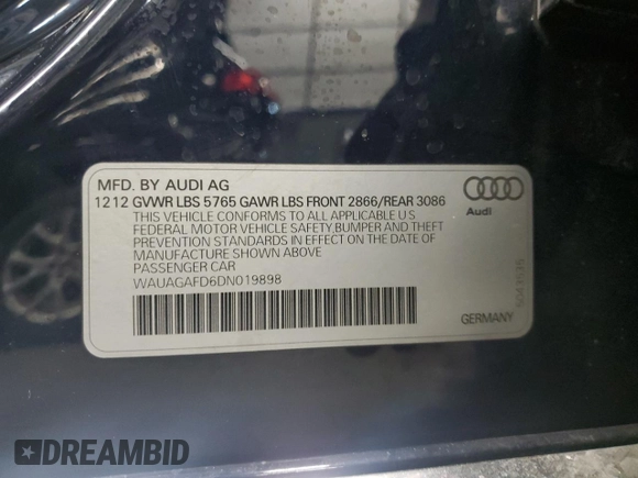 2013 Audi A8 3.0L with VIN WAUAGAFD6DN019898, listed as a Copart auction lot 45758405 with 105,190 mi miles and Clean title. Bid and sale history available at DreamBid. Image 12.