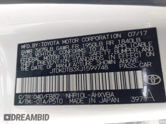 2018 Toyota Prius One with VIN JTDKDTB3XJ1599748, listed as a IAAI auction lot 42054106 with 81,947 mi miles and . Bid and sale history available at DreamBid. Image 9.