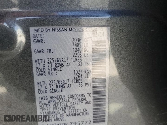 2014 Nissan Rogue SV with VIN 5N1AT2MT7EC795772, listed as a Copart auction lot 48266205 with 119,939 mi miles and Salvage Title. Bid and sale history available at carsss.com. Image 15.
