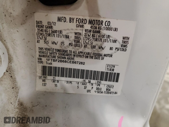 2012 Ford F-250 XL с VIN 1FTBF2B68CEB67282, выставлен на аукционе Copart как лот 47128575 с пробегом 155 667 миль миль и Списание • Salvage title. История ставок и продаж доступна на DreamBid. Изображение 12.