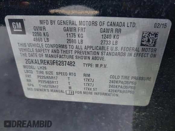 2015 GMC Terrain SLE with VIN 2GKALREK9F6287482, listed as a IAAI auction lot 40731704 with 94,450 mi miles and . Bid and sale history available at DreamBid. Image 9.