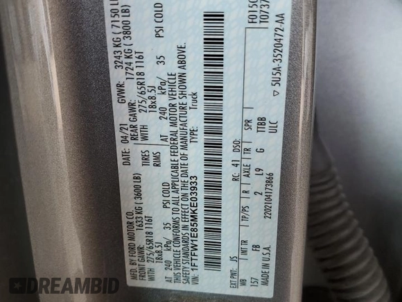 2021 Ford F-150 XL with VIN 1FTFW1E85MKE03933, listed as a Copart auction lot 60513185 with 82,793 mi miles and Salvage title. Bid and sale history available at DreamBid. Image 12.