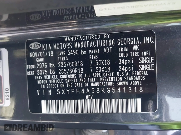 2019 Kia Sorento EX V6 with VIN 5XYPH4A58KG541318, listed as a IAAI auction lot 41021482 with 45,427 mi miles. Bid and sale history available at carsss.com. Image 9.