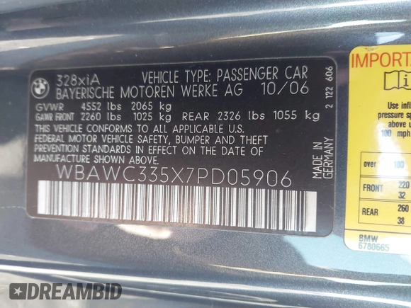 2007 BMW 3 Series 328xi with VIN WBAWC335X7PD05906, listed as a IAAI auction lot 41900018 with 92,848 mi miles and . Bid and sale history available at DreamBid. Image 9.