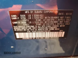 2022 Subaru Outback Wilderness with VIN 4S4BTGUDXN3199145, listed as a Copart auction lot 49834305 with 20,261 mi miles and Salvage title. Bid and sale history available at DreamBid. Image 15.