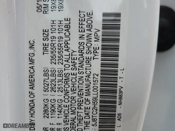 2020 Acura RDX w/Technology Pkg with VIN 5J8TC2H59LL001572, listed as a Copart auction lot 43750185 with 44,016 mi miles and Salvage Title. Bid and sale history available at carsss.com. Image 13.