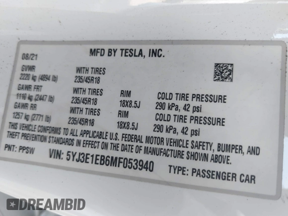 2021 Tesla Model 3 Long Range with VIN 5YJ3E1EB6MF053940, listed as a IAAI auction lot 41344978 with 38,544 mi miles and . Bid and sale history available at DreamBid. Image 9.